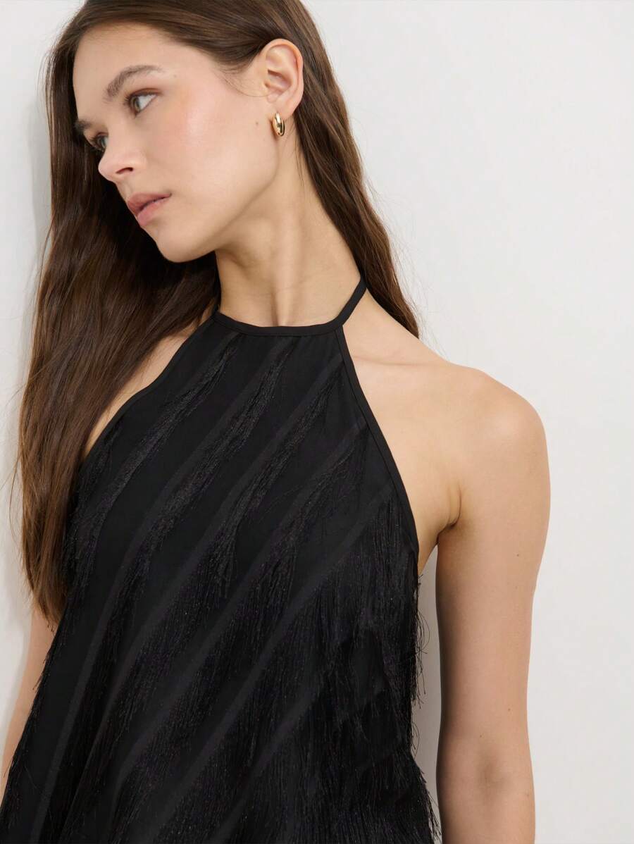 Nöista Women's Black Summer Mama Mia Halter Neckline Top,Loose-Fit Fringe-Textured Lace-Trim Hem Lightweight Breathable Beach Night Out Party Summer Top - Black - View 1