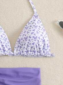 SHEIN Leap Crew 少女 3 件套度假紫色和白色碎花泳衣套装：泳衣、系腰比基尼上衣和裙子 - 紫色 - 查看 3