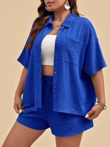 Travachic 2pcs Set Plus Size Solid Color Short Sleeve Shirt And Shorts, Simple Fashion Casual Everyday Wear,Holiday Outfits - Royal Blue - View 4