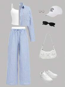 SHEIN Teen Girl Comfortable Simple Loose Contrast Elastic Waist Stripe Printed Wide-Leg Pants Solid White Cami Blue Stripe Cropped Long Sleeve Shirt 3 Pieces Set