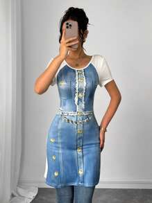 SHEIN LUNE Women's Random Denim Print Side Slit T-Shirt - Blue - View 3