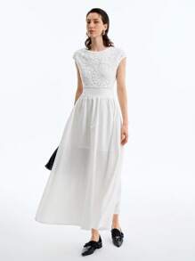 Aalyst 女士优雅迷人复古简约无袖圆领收腰蕾丝拼接A字纯色连衣裙，舒适休闲通勤度假 - 白色 - 查看 4