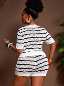 Slaydiva 秋冬新品，女士秋冬服装，万圣节，音乐节，复活节，西部风，生日派对，毕业典礼，学生装，日常穿着，休闲装，度假，邮轮旅行，海滩，日光浴，时尚，女士黑白杏色针织修身短袖上衣和短裤加大码家居服套装 - 黑與白 - 查看 2