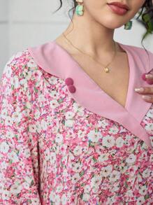 Al Najma 女士碎花甜美深V领长袖宽松休闲连衣裙 - 彩色 - 查看 5