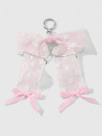 Kawaii 1 Pieza Joyero coreano minimalista y versátil, de alta calidad, con bordado beige en forma de corazón, cinta de malla rosa, lazo y decoración de estrella y luna, ideal como accesorio colgante para bolsos o regalo para mujeres y niñas para uso diario