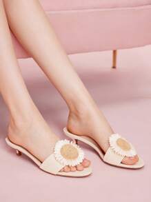 CUCCOO DOLLMOD Women's Apricot Linen Sunflower Decor Strap Round Toe Fashion High Heel Slide Sandals - Apricot - View 4