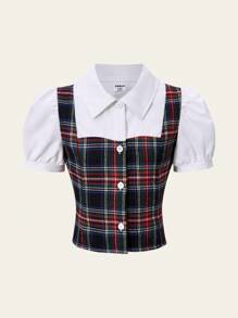 SHEIN Tween Girls' Casual Plaid Patchwork Puff Sleeve Blouse, Summer