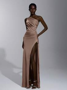 Elitara Abito elegante, romantico, sexy, minimalista, in raso, elasticizzato, senza schienale, con volant, attillato, con spacco alto, alla moda, stile influencer, da occasione, da vacanza, festa di compleanno, matrimonio, damigella