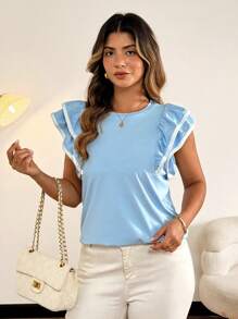 Flirla Plus Size Women French Casual Round Neck Short Sleeve T-Shirt, Summer - Blue - View 6
