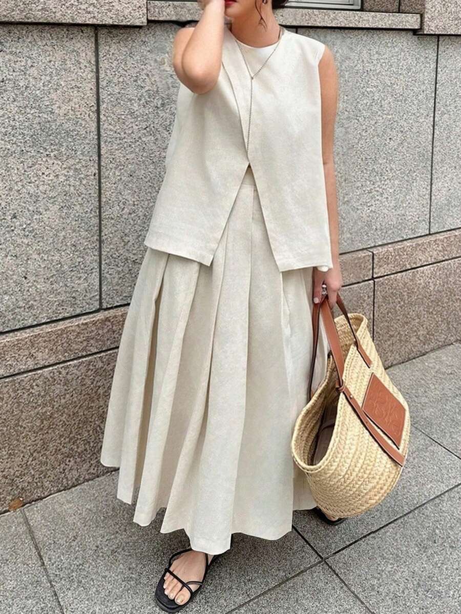 Dazy Plus 2pcs Set: Linen Crew Neck Asymmetrical Hem Sleeveless Loose Top And Pleated Long A-Line Skirt - Apricot - View 1