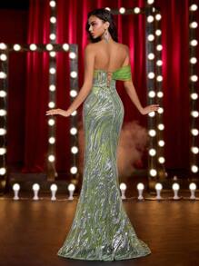 Glamrae Đầm đuôi cá xẻ tà gợi cảm hở vai, xẻ tà sang trọng, thêu thủ công, đính sequin màu xanh lá cây, sang trọng, thanh lịch, phù hợp cho các buổi hẹn hò, tiệc độc thân, tụ họp, dịp trang trọng, tiệc chiêu đãi - màu xanh lá - Xem 4