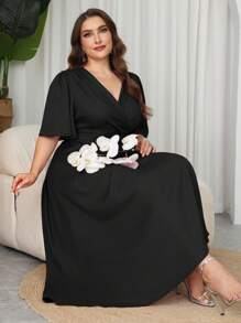 Modelyn Plus Size Maxi V-Neck Ruffled Sleeve Fitted Waist A-Line Elegant Romantic Dress, Spring/Summer - Black - View 7