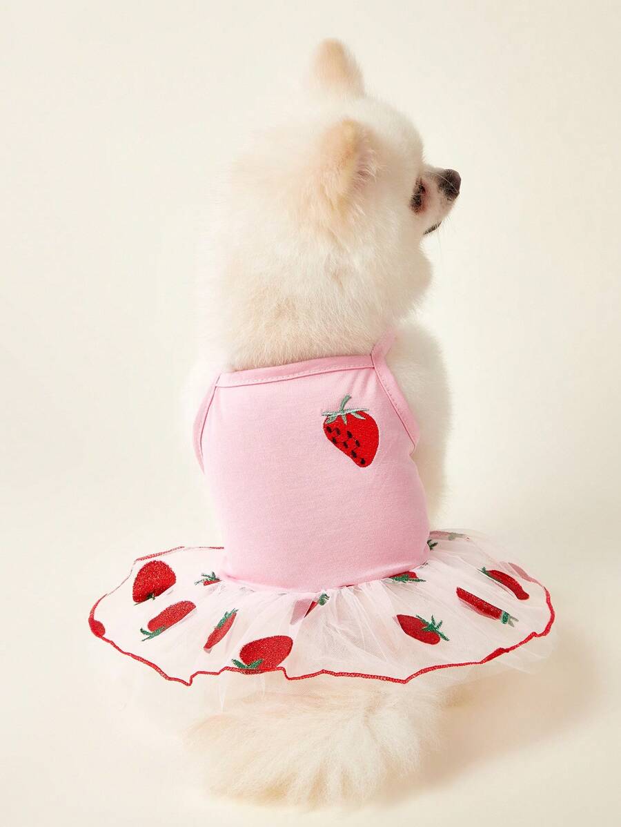 PETSIN Cute Princess-Style Floral & Strawberry Pattern Mesh Tutu Dress, Lightweight Breathable Summer For Girls, Pets - Pink - View 1