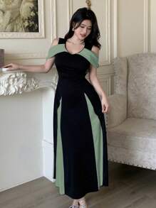 Modelyn Váy bó sát hở vai dệt kim hai tông màu dành cho nữ, thanh lịch cho những dịp trang trọng và hẹn hò - Đen và xanh lá cây - Xem 5
