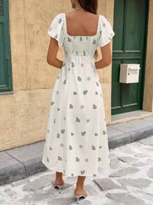 SHEIN Frenchy Women's High Slit All Over Heart Print Scoop Neck Long Dress With Short Sleeves Summer Beach - Apricot - View 2