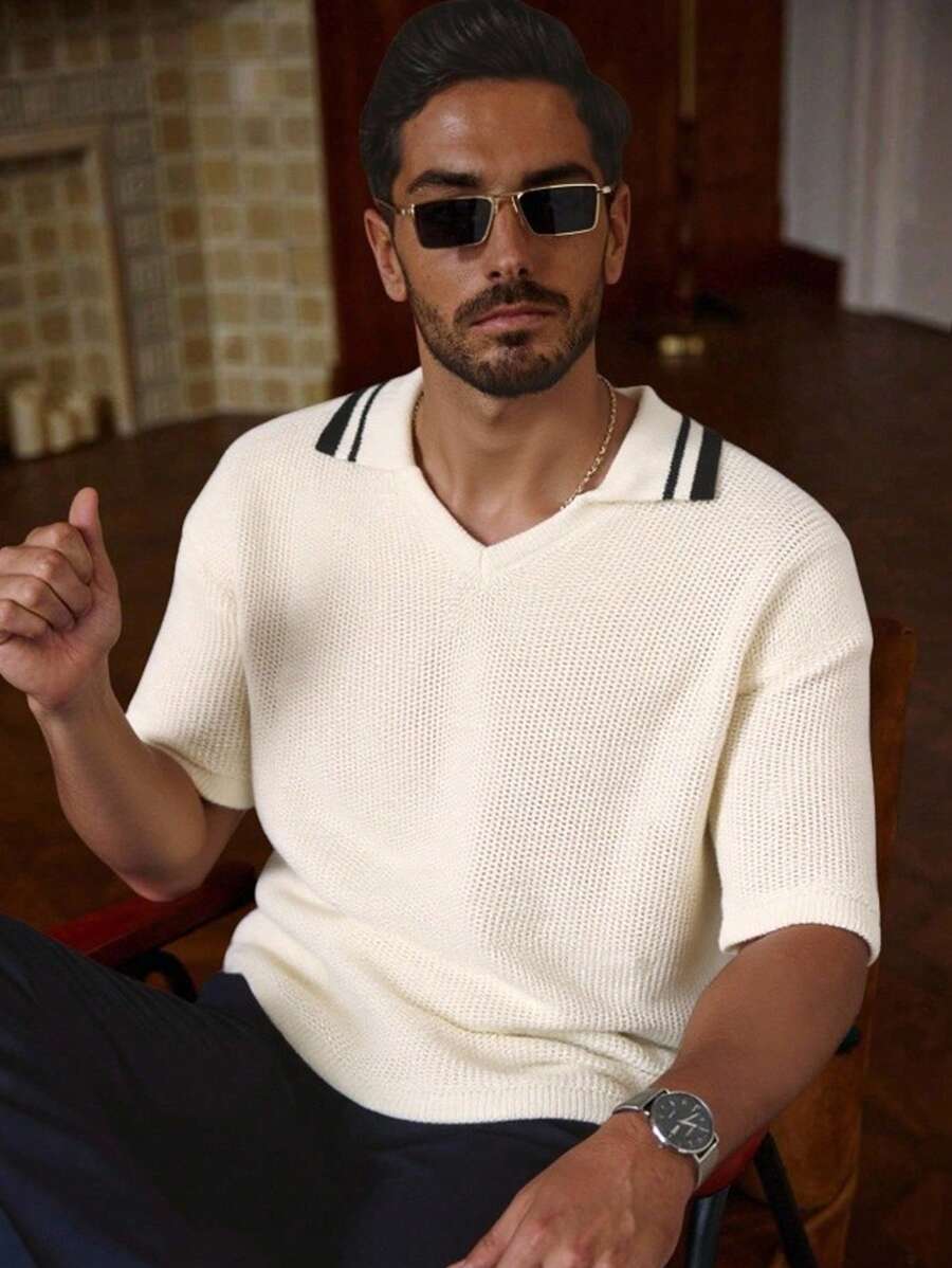 Manfinity Homme Men's  Old Money Simple Stripe Collar Knitted Sweater, Everyday Wear,Men Sweater - Apricot - View 1