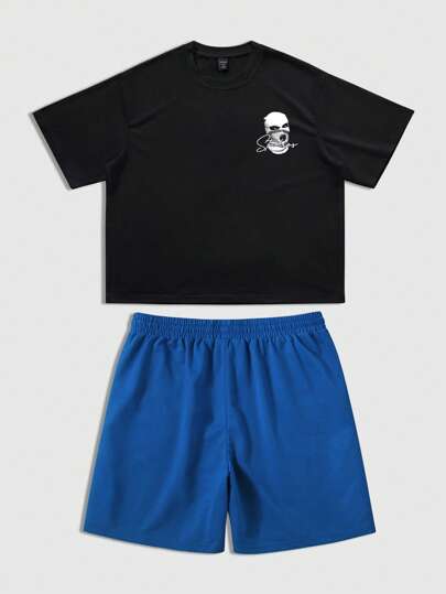 Street Life Conjunto de camiseta de manga corta y pantalones cortos con estampado gráfico para hombre, informal