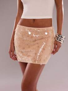 SHEIN BAE Váy ngắn sequin trơn màu mùa xuân hè dành cho nữ dự tiệc, váy ngắn sequin mùa hè, gợi cảm khi đi câu lạc bộ, hòa nhạc - Màu be - Xem 6