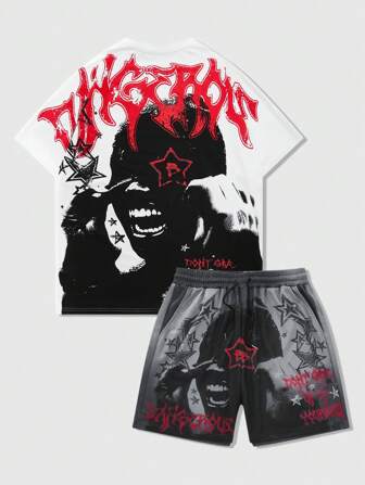 Street Life 2pcs Men Gothic Portrait, Star, Pentagram Printed Short Sleeve T-Shirt And Sport Shorts