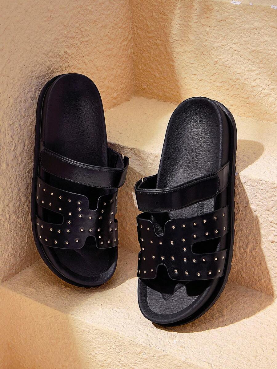 HighSole Sandalias planas abiertas de plataforma con remaches en forma de H, cierre de gancho y bucle, suela blanda antideslizante, versátiles, nuevas llegadas de moda para mujer, verano 2026 - Negro - Ver 1