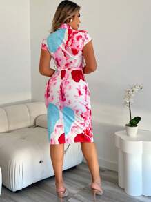 Xyvia Tie-Dye Print Collared Waist Tie Sleeveless Dress For Women, Elegant Summer Outfits - Multicolor - View 2