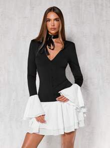 Glamine Women's Double Ruffle Hem Splice V-Neck Bell Sleeve Dress - Black and White - View 1