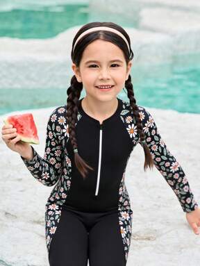 Young Girls One-Piece Swimsuit, Ditsy Floral Patchwork One-Piece Long Sleeve And Pants Swimwear, Modest Coverage Swimsuit For Beach, Pool, Vacation