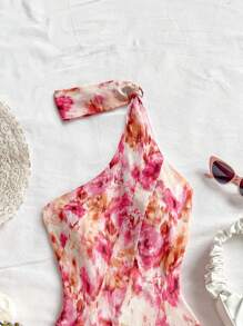 Soleia 女士浪漫乡村扎染花卉印花蝴蝶结露背褶饰不规则下摆性感迷你连衣裙，度假风 - 彩色 - 查看 4
