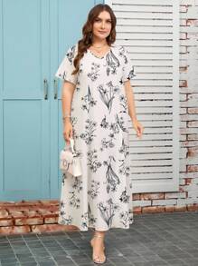Lacomfia Plus Size Women Elegant Flower All-Over Print Arabic Style Dress - Multicolor - View 3