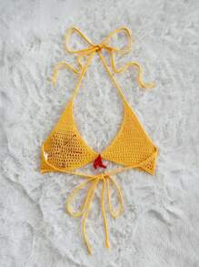 SHEIN ICON 女士夏威夷可爱外出时尚度假黄色钩针性感挂脖 V 领 3D 花卉装饰挂脖钩针比基尼毛衣上衣 - 彩色 - 查看 2