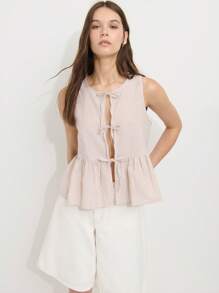 Nöista Blue And White Stripe Summer Elegant Unique Vacation Light Beige Sleeveless Blouse,Checkered Texture Three Front Tie Closures Cotton Loose Flared Hem - Brown - View 2