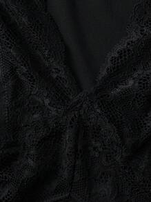 SHEIN CURVE+ Fashionable V-Neck Lace Patchwork Sheer Sexy Dress - Black - View 3