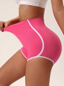 SHEIN Sports Seamless Contrast Color Trim Elastic Sports Shorts For Fitness Workout Short - Hot Pink - View 2