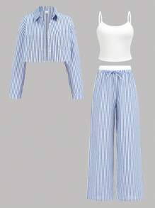 SHEIN Teen Girl Comfortable Simple Loose Contrast Elastic Waist Stripe Printed Wide-Leg Pants Solid White Cami Blue Stripe Cropped Long Sleeve Shirt 3 Pieces Set