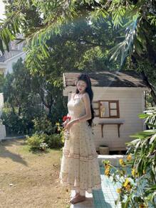 DAZY Đầm midi xếp ly bèo nhún chấm bi dành cho nữ, kiểu dáng thường ngày, họa tiết hoa mùa hè. - Hồng - Xem 9