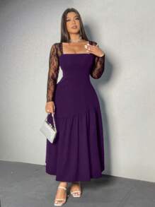 Viva Relle Plus Size Lace Sleeve A-Line Solid Color Jumpsuit Dress Fall Cloth For Women - Purple - View 3