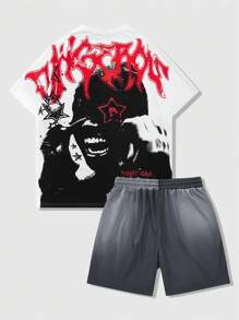 ROMWE MEN Street Life 2pcs Men Gothic Portrait, Star, Pentagram Printed Short Sleeve T-Shirt And Sport Shorts, Halloween - Multicolor - View 7