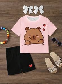 SHEIN Set de 2 piezas de camiseta y pantalones cortos con estampado de corazón y huella de pata, conjunto informal de verano para niña joven - Multicolor - Ver 2
