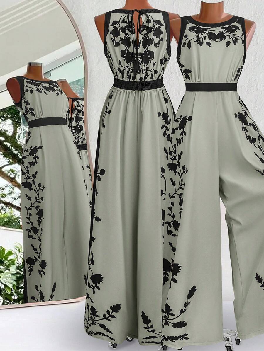 SHEIN Clasi Jumpsuit Motif Bunga Ukuran Besar, Pakaian Santai untuk Liburan - Mint Green - View 1