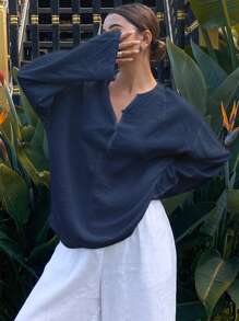1pc Women's Solid Color Loose Fit Crew Neck Long Sleeve Blouse,Fall Clothes - Navy Blue - View 6