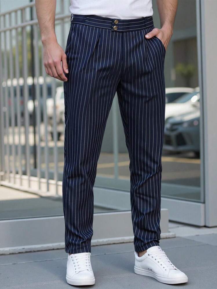 Manfinity Mode Quần âu nam túi in họa tiết sọc, trang phục công sở thường ngày - Màu xanh hải quân - Xem 1