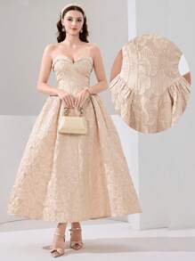 Poshira Vestido de fiesta para mujer con textura de unicolor sin tirantes (muy adornado) - Albaricoque - Ver 4