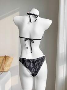 Comfortcana Women's Summer Beach Wear Shell Print Halter Bikini Set, Suitable For Holiday Wear - Black - View 2