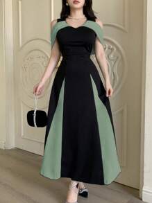 Modelyn Váy bó sát hở vai dệt kim hai tông màu dành cho nữ, thanh lịch cho những dịp trang trọng và hẹn hò - Đen và xanh lá cây - Xem 7