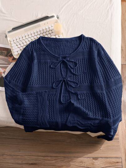 CosyJoli Plus Size Comfortable Casual Vacation Crochet Front Tie Loose Fitting Women Apricot Crop Cardigan, Long Sleeve,Slightly Sheer In Fall/Winter