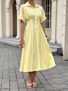 Siren Gaze Butter Yellow Summer Elegant Tea Party Dress For Women,Business Casual Button Front Shirt Dress,Lemon Mid-Length Vacation Birthday Midi Dress - Light Yellow - View 1