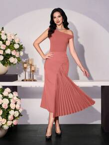 Modelyn Elegant Romantic Asymmetrical Shoulder Pleat Patchwork Dress For Women, Spring/Summer - Dusty Pink - View 4
