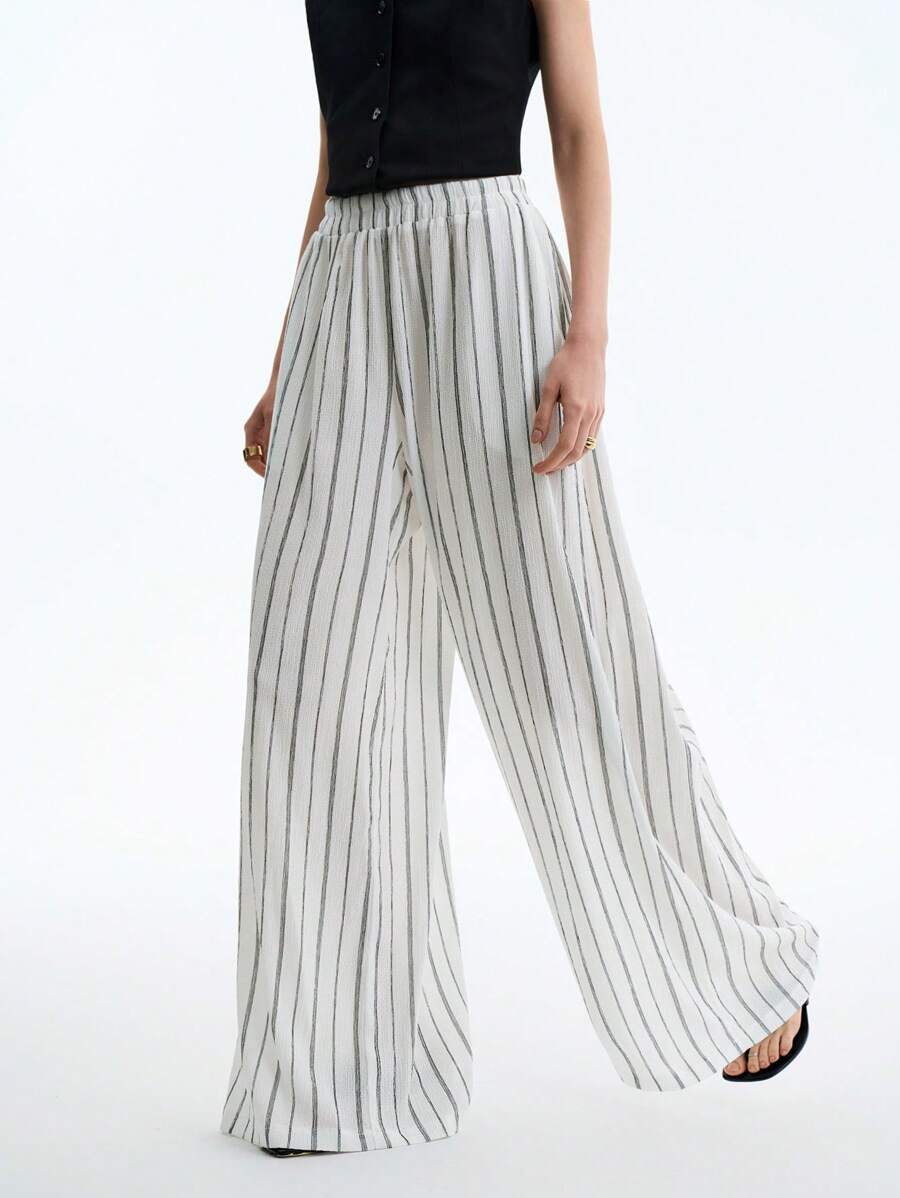 Aalyst 女士优雅简约黑白条纹图案休闲/商务长条纹裤 - 黑與白 - 查看 1