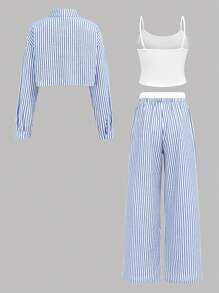 SHEIN Teen Girl Comfortable Simple Loose Contrast Elastic Waist Stripe Printed Wide-Leg Pants Solid White Cami Blue Stripe Cropped Long Sleeve Shirt 3 Pieces Set