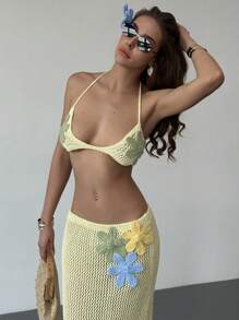 Aloruh 2pcs Women Sexy 3D Floral Halter Knitted Sweater Top And Knitted Skirt Set - Multicolor - View 6